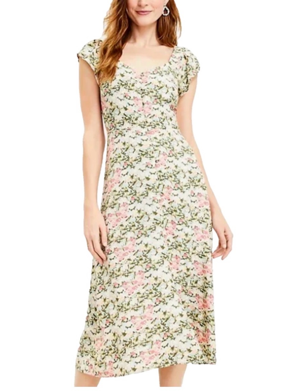 LOFT Floral Midi Dress in Coral and Green Wedding Guest Size 2
